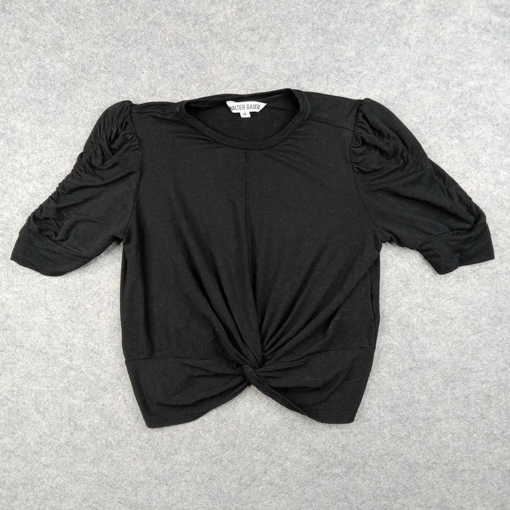 Walter Baker Top Womens Medium Black Puff Sleeve Twist Front Knot Hem Shirt